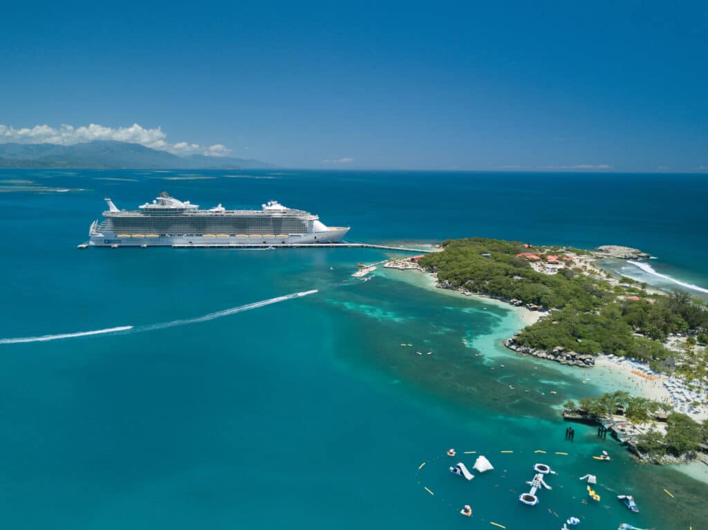 AL, Allure of the Seas, May 2017 Instameet shoot, Labadee, Haiti, Private Island, Private Beach, Drone Shot, Caribbean, overhead shot of ship exterior, starboard side, docked at island, beach, water park, aqua park, horizon, seascape, royal caribbean